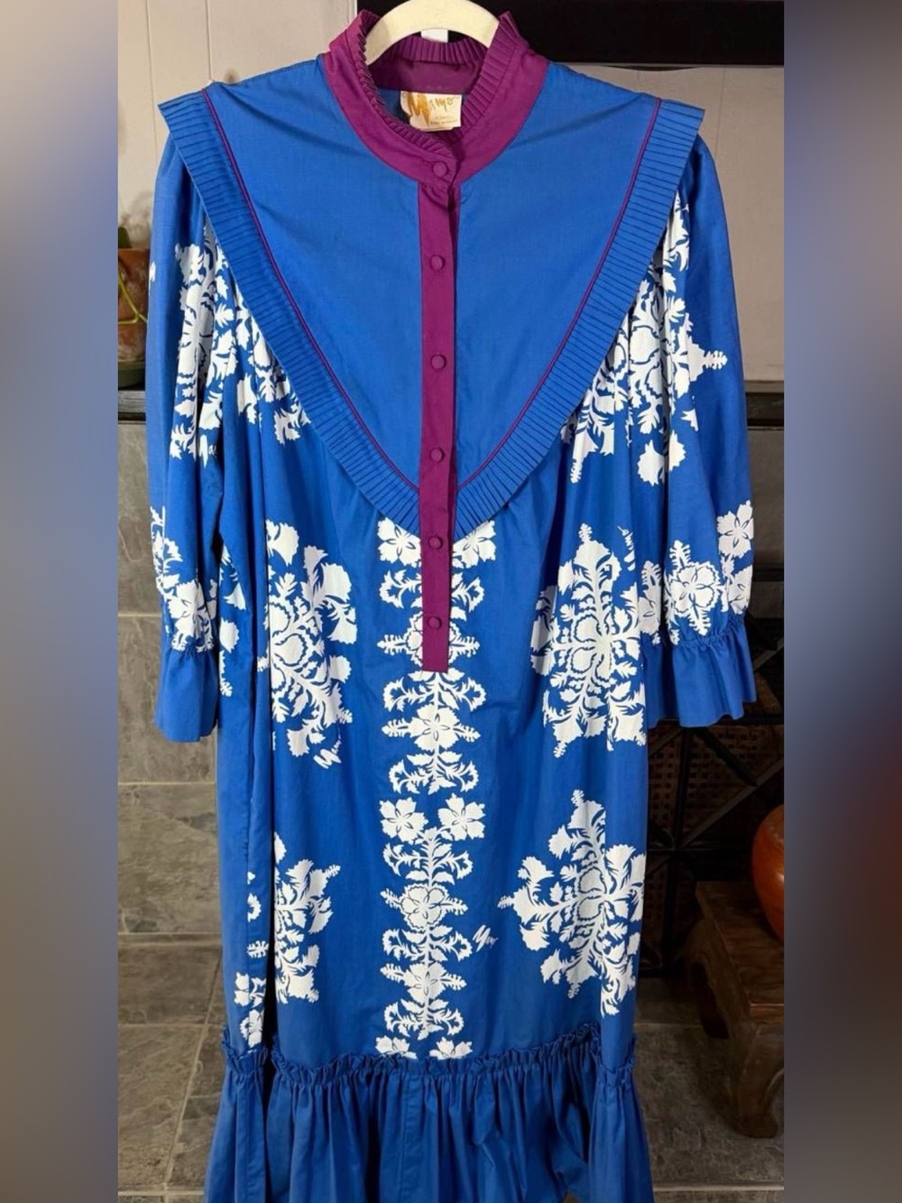 Vintage Mamo  Howell Blue Floral Print Maxi Dress with Purple Yoke